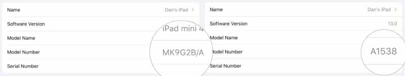 Numero modello nelle impostazioni iOS