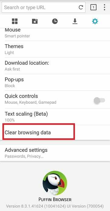 puffin browser cancella i dati di navigazione