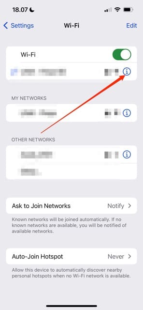 „Wi-Fi“ informacijos piktograma „iPhone“ ekrano kopija