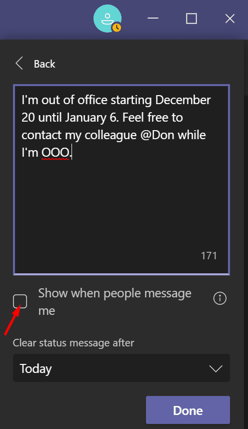 कार्यालय संदेश Microsoft टीम से बाहर सेट करें
