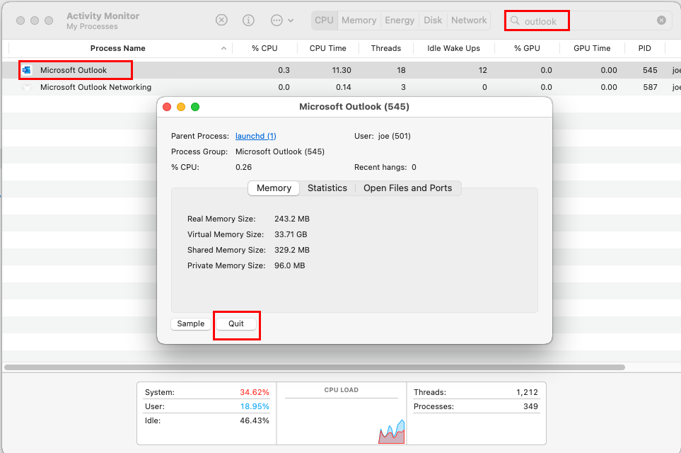 Принудительно закрыть Outlook и исправить вложения, которые не отображаются в Outlook Mac