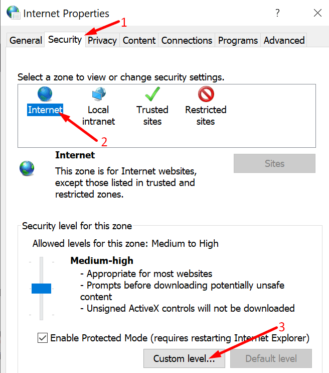 configuración de seguridad de internet windows 10