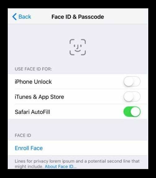 Veido ID Užregistruokite veidą „iPhone“ nustatymuose