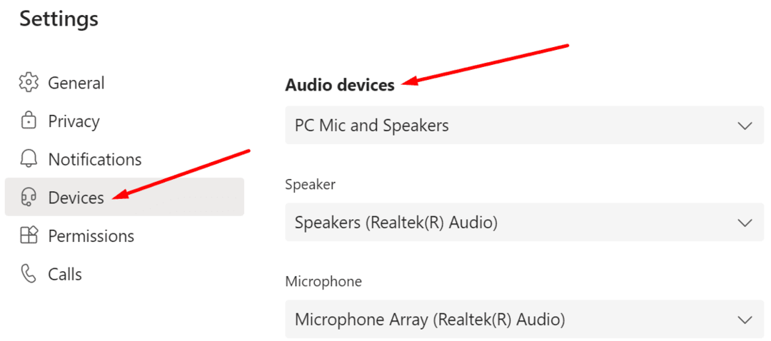 impostazioni dei dispositivi audio di Microsoft Teams