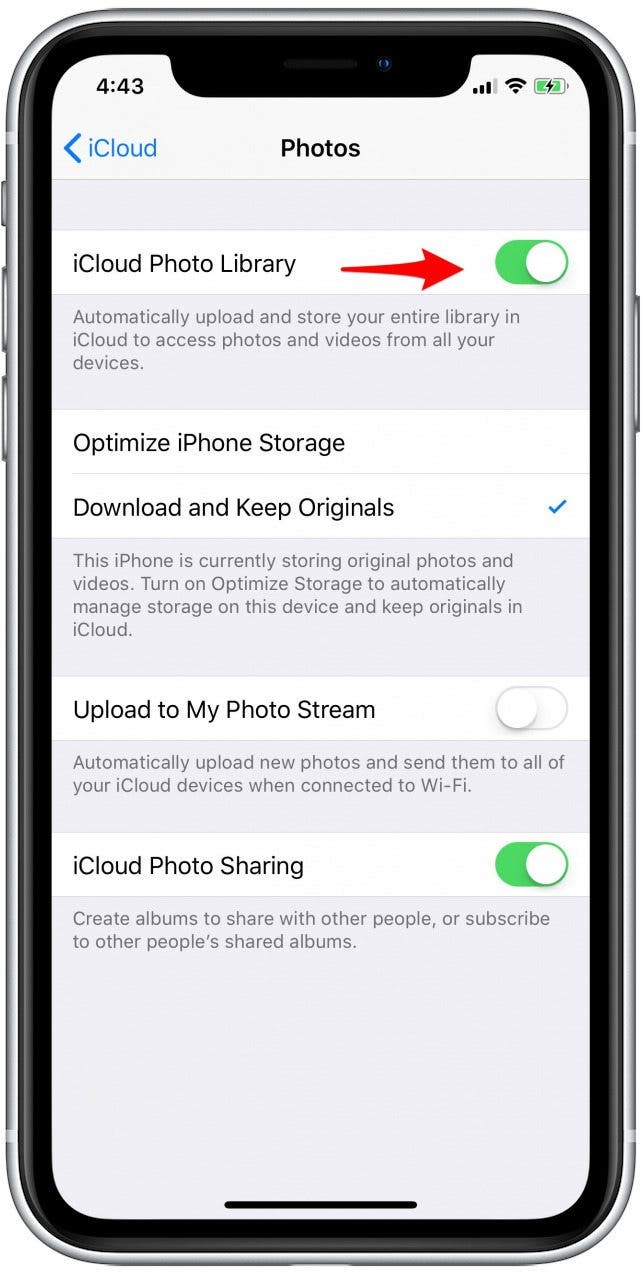 สกรีนช็อตของการสลับไลบรารีรูปภาพ iCloud ภายในการตั้งค่ารูปภาพ