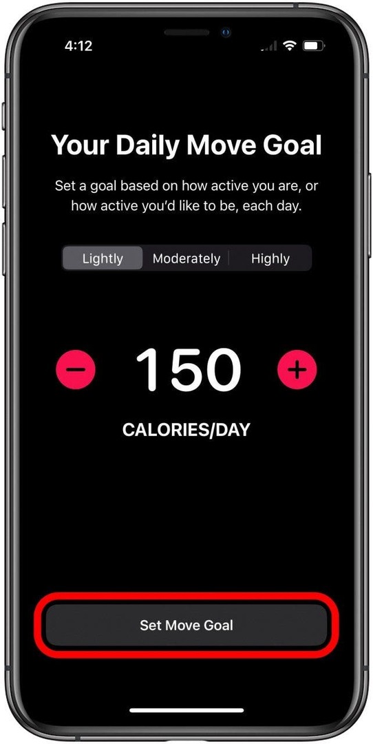 Fitness-asetusnäyttö, josta voit valita päivittäisen liiketavoitteen, ja Set Move Goal -painike on merkitty.
