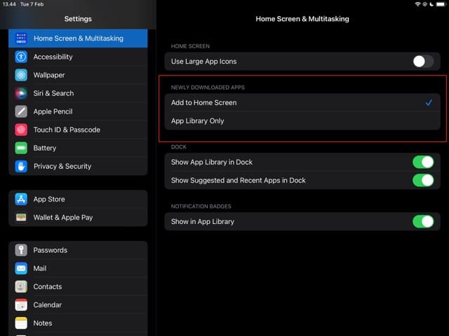 Screenshot met nieuw gedownloade app-sectie in iPadOS