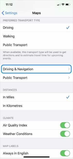 मानचित्र सेटिंग से ड्राइविंग और नेविगेशन विकल्प