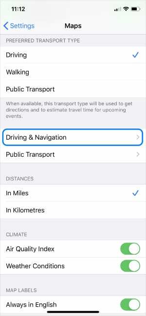 Ajaminen ja navigointi -vaihtoehto Mapsin asetuksista