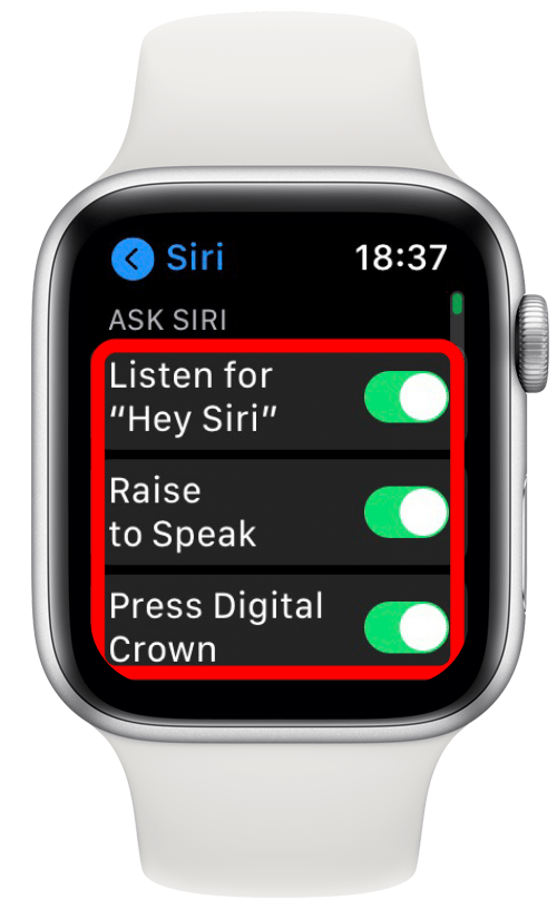 Уверете се, че Listen for " Hey Siri", Raise to Speak и Press Digital Crown е включено. 