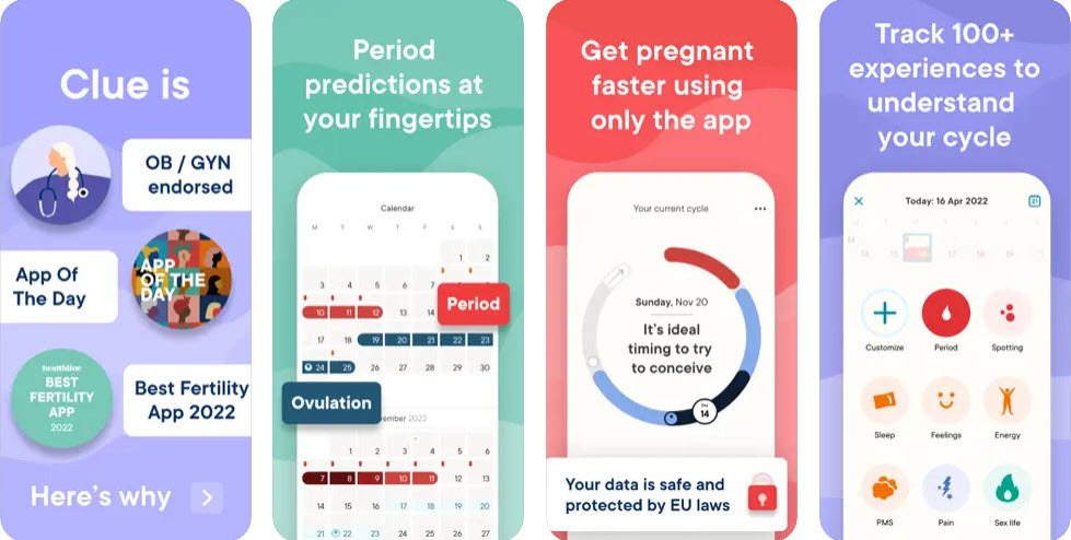ქალების ჯანმრთელობის კეთილდღეობის საუკეთესო აპი iOS Clue Period-ზე, ოვულაციის ტრეკერზე