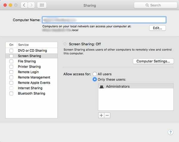 Настройки общего доступа к экрану в macOS