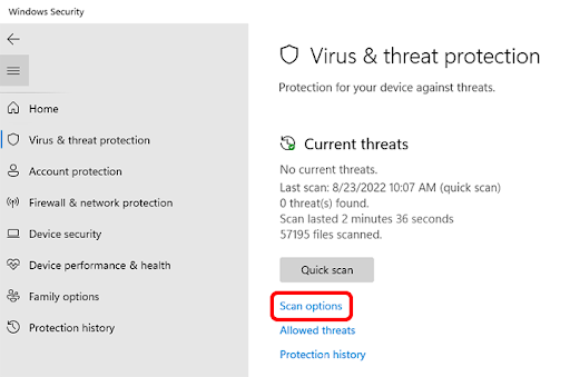 Wybierz Opcje skanowania w obszarze Ochrona przed wirusami i zagrożeniami