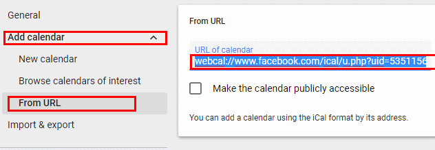 Aggiunta di un calendario tramite un URL webcal in Google Calendar