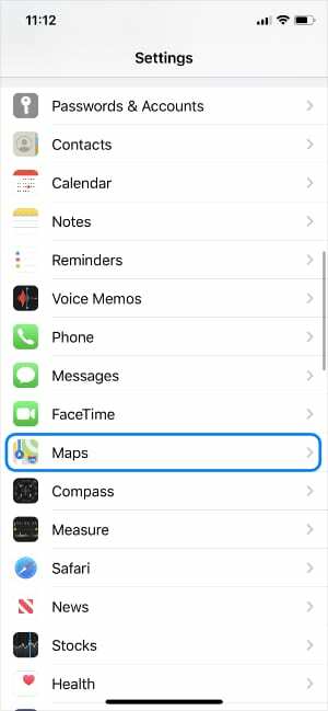 Nastavení iOS zobrazující možnost Mapy