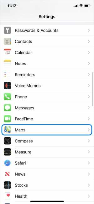 iOS-innstillinger som viser Maps-alternativet