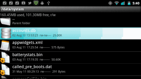 Android Root Explorer - File DB Akun