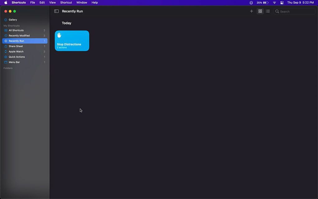 zrzut ekranu ostatnio uruchomionej sekcji w aplikacji skrótów na komputerze Mac