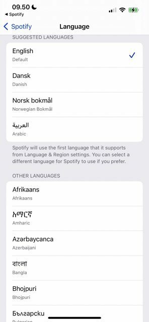 iOS 上のSpotify で言語を変更する方法を示すスクリーンショット