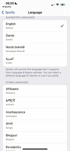 skærmbillede, der viser, hvordan man ændrer et sprog i spotify på ios