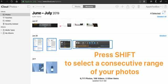 iCloud.com seleziona un intervallo consecutivo di foto da Windows