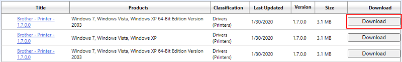 Catalogo per il download del driver Brother QL-800