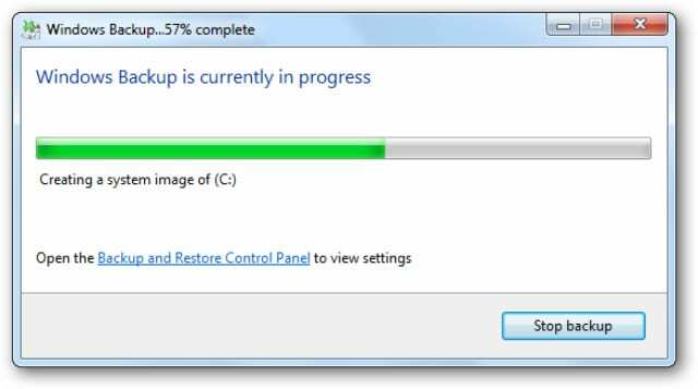 Παράθυρο δημιουργίας αντιγράφων ασφαλείας των Windows σε εξέλιξη
