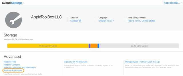 iCloud 웹 사이트를 사용하여 Safari 책갈피 복원