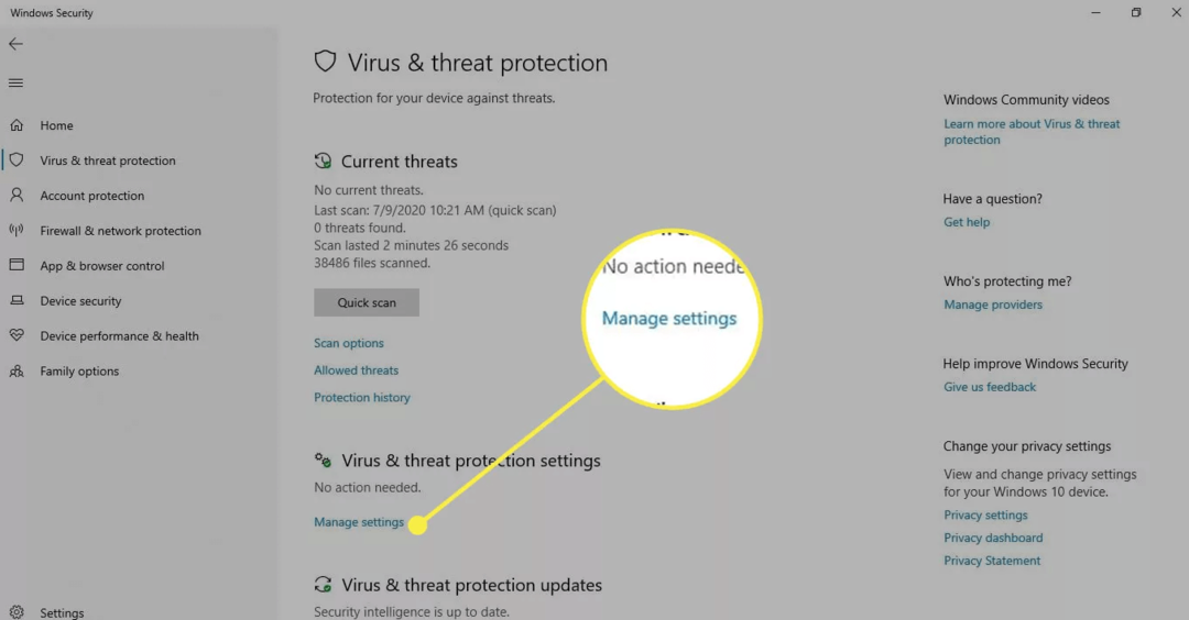 Välj Hantera inställningar under Virus- och hotskydd
