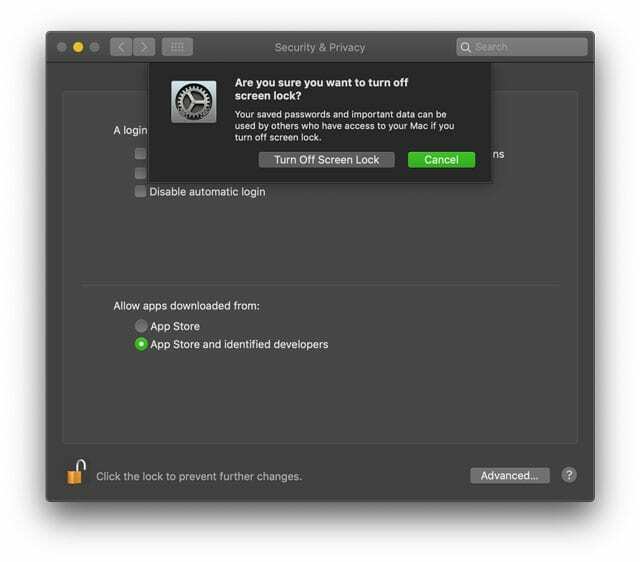 macOS vypněte zámek obrazovky v nastavení zabezpečení