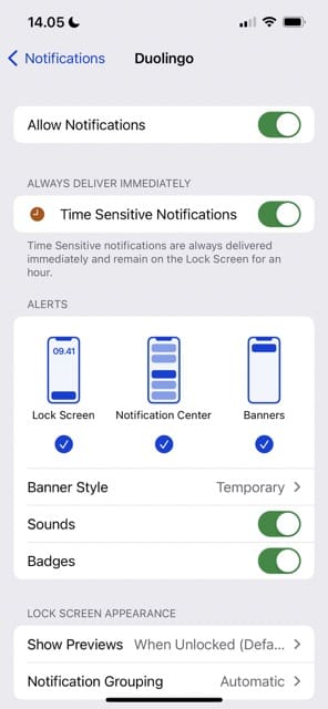 Notificações ativadas no iPhone Captura de tela de notificações