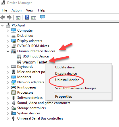 Desinstalar el controlador del dispositivo de tableta Wacom