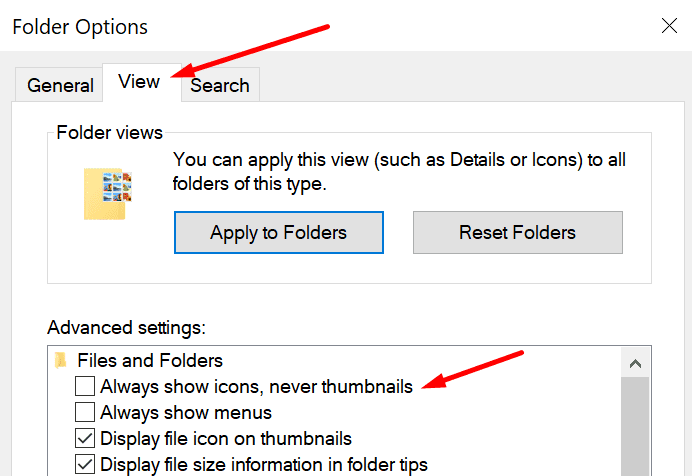 eksplorator plików zawsze pokazuje ikony, nigdy miniatury