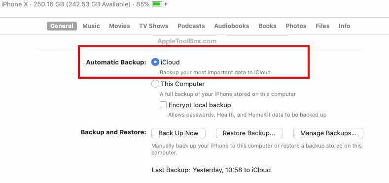 სად არის iCloud Backup macOS Catalina-ში