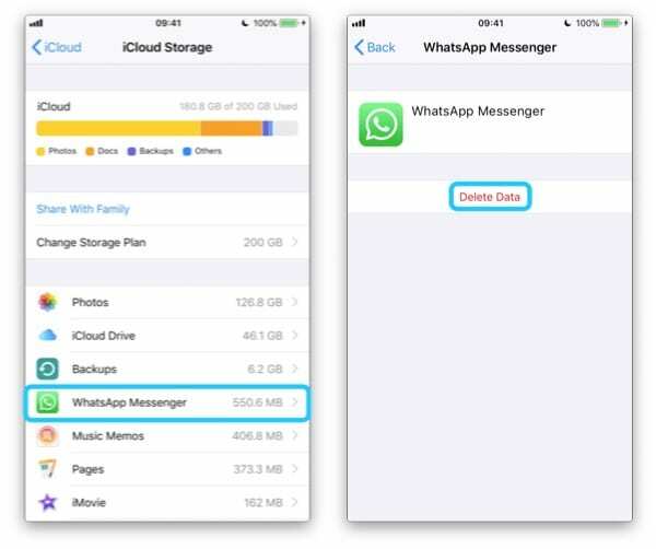 Zwei iPhone-Screenshots, die eine App auf der Seite " Speicher verwalten" auswählen und die Daten löschen