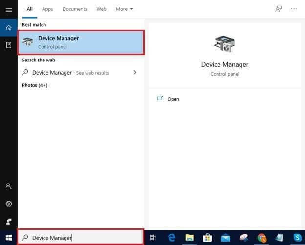 Tapez Device Manager dans la zone de recherche près du bouton Démarrer et cliquez sur Meilleur résultat pour lancer l'outil