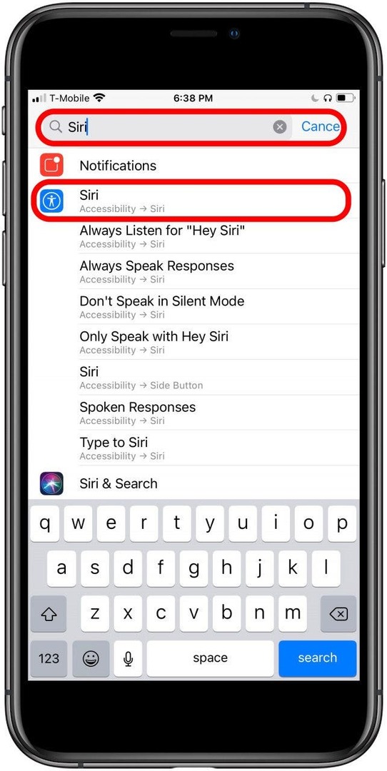 설정 화면 상단의 검색창에서 " Siri" 를 검색하세요.