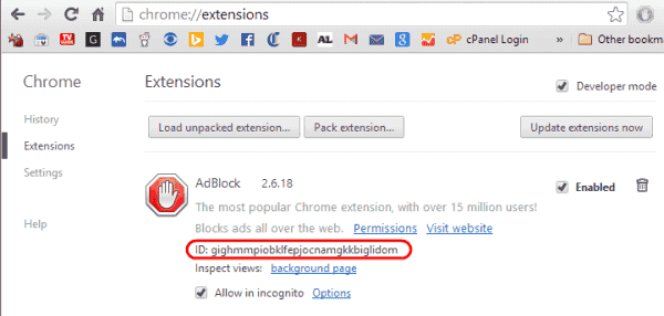 Identifiant d'extension Chrome