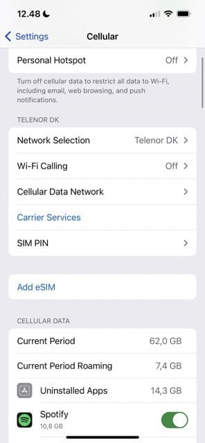 capture d'écran montrant la section cellulaire dans les paramètres ios