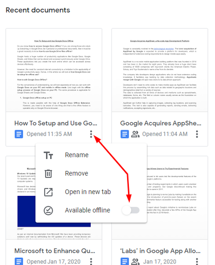 Verfügbare Google Docs im Offline-Modus