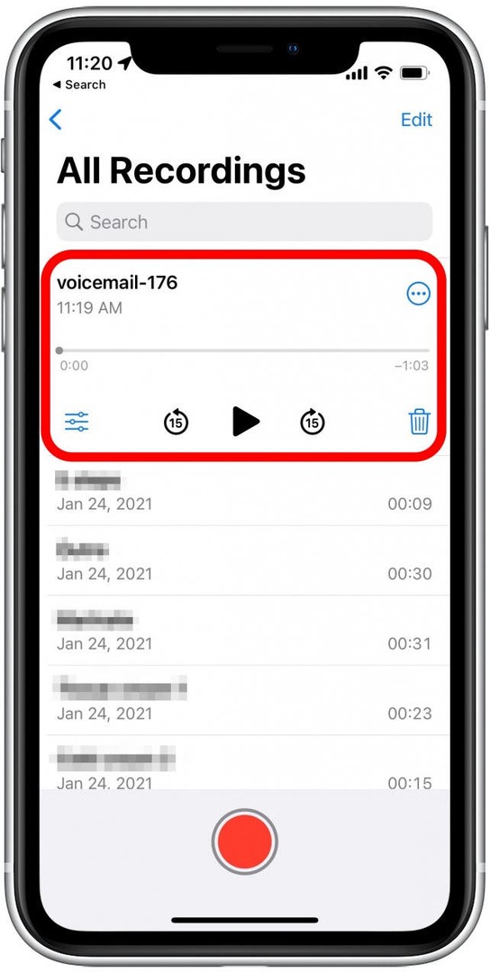 Röstmeddelandet kommer att vara tillgängligt för dig att lyssna på i din Voice Memos-app.