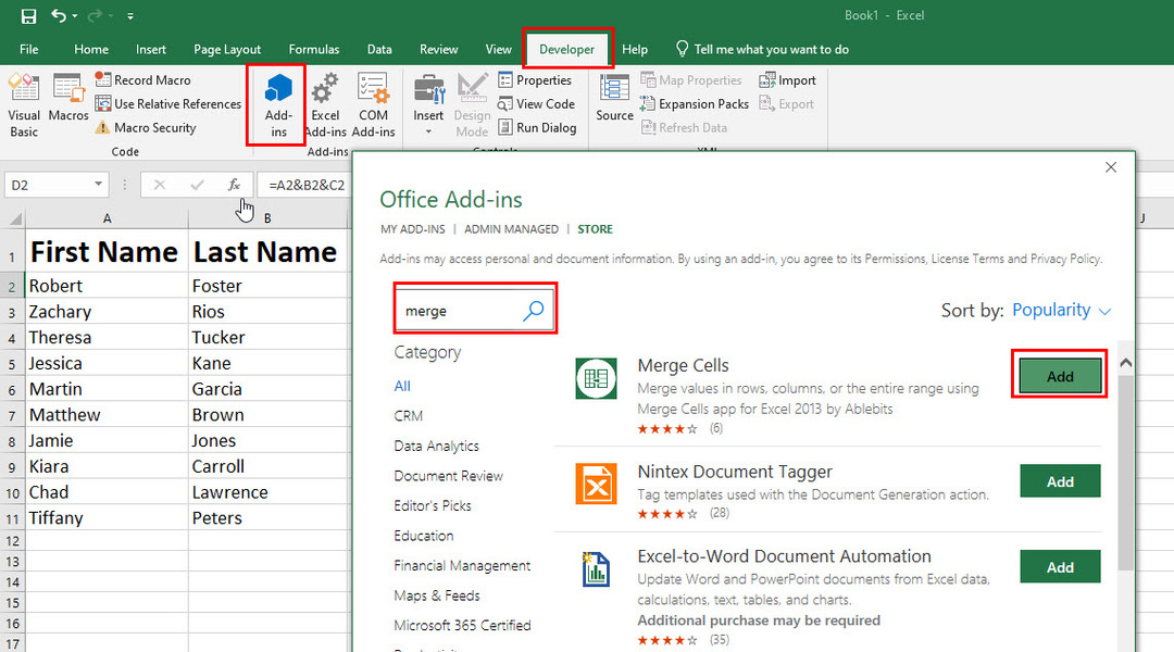 Cómo combinar dos columnas en Excel usando celdas de combinación de complementos