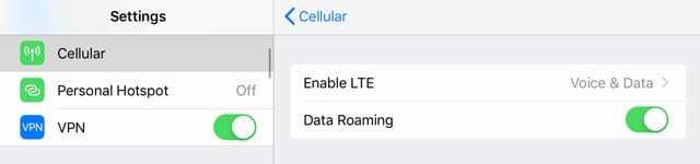 iPhone और LTE के लिए डेटा रोमिंग सेटिंग 