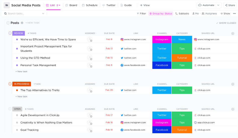 Una de las mejores plantillas de calendario de redes sociales de ClickUp (Foto: Cortesía de ClickUp)