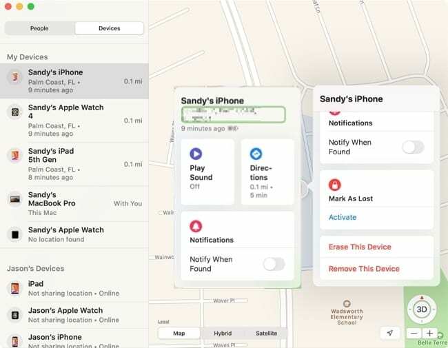 Options de l'appareil dans Find My