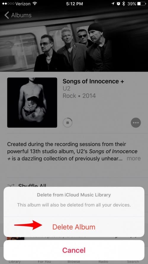 iTunes에서 순수의 U2 노래 삭제
