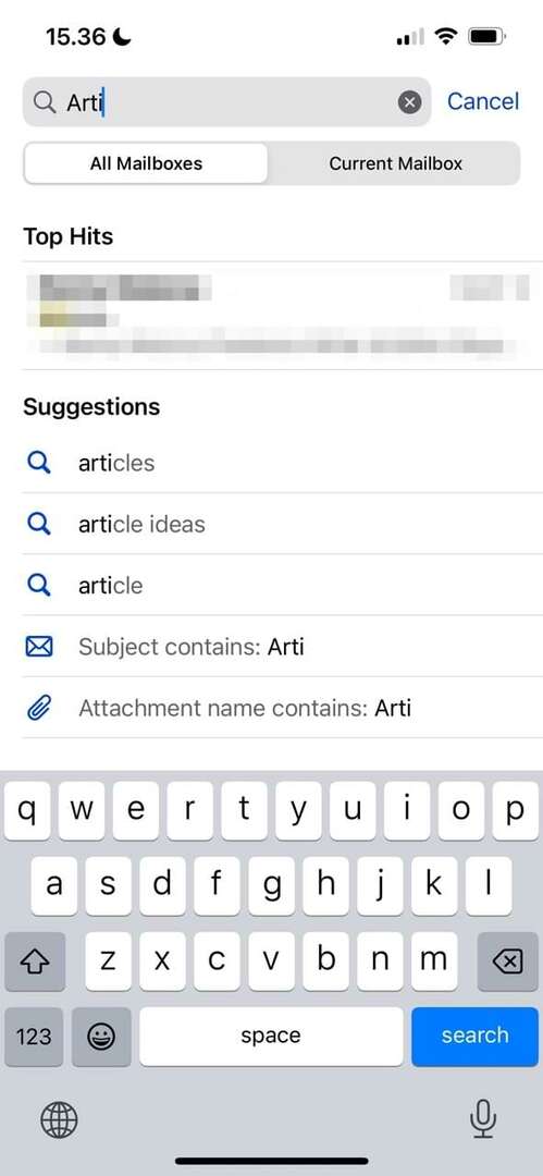 צילום מסך המציג את הגדרות חיפוש הדואר המתקדם ב-iOS 16