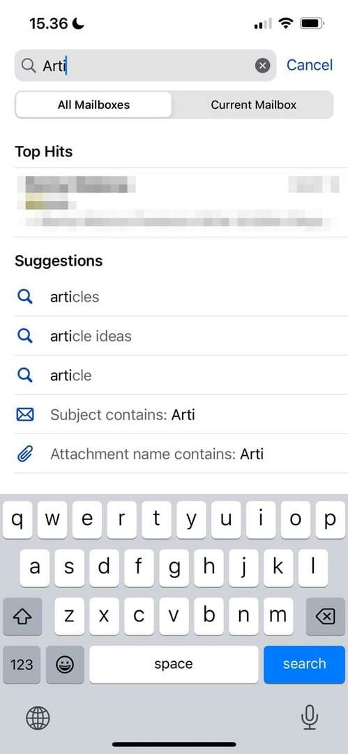 Screenshot che mostra le impostazioni avanzate di ricerca della posta in iOS 16