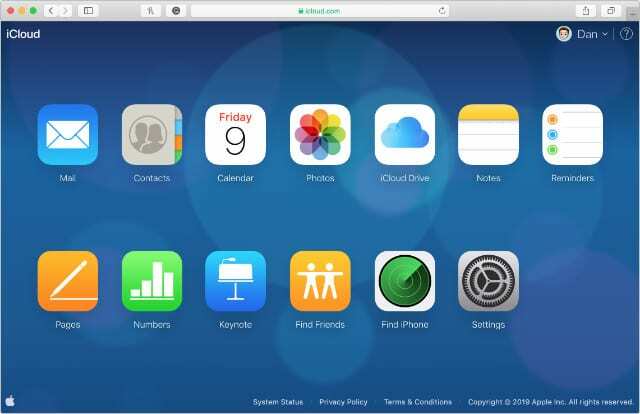 Schermata iniziale del sito Web iCloud