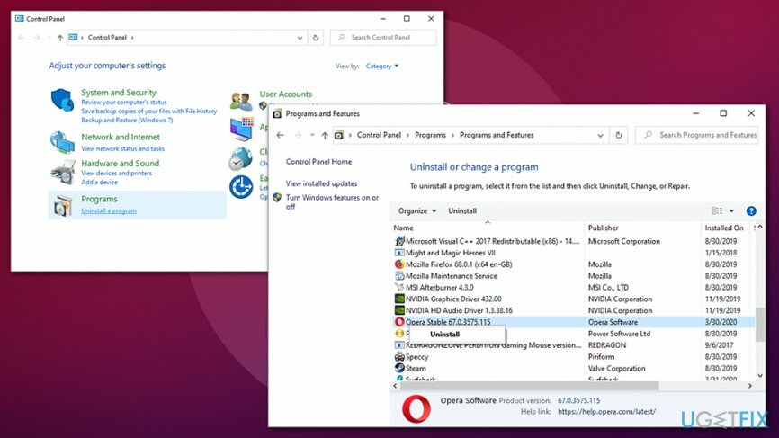 कंट्रोल पैनल के माध्यम से ओपेरा स्टेबल को अनइंस्टॉल करें